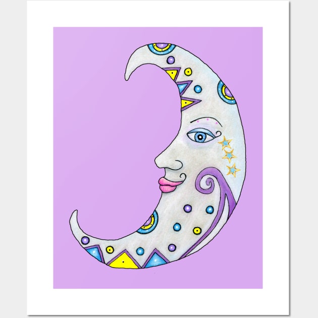 Abstract Fantasy Decorated Crescent Moon With Face Wall Art by DeerSpiritStudio
